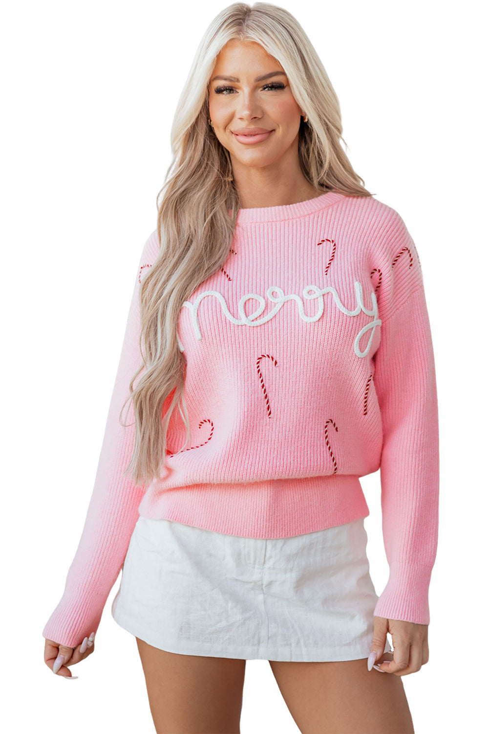 Pink Merry Candy Cane Puffy Knit Crew Neck Sweater Dear-Lover Dropshipping